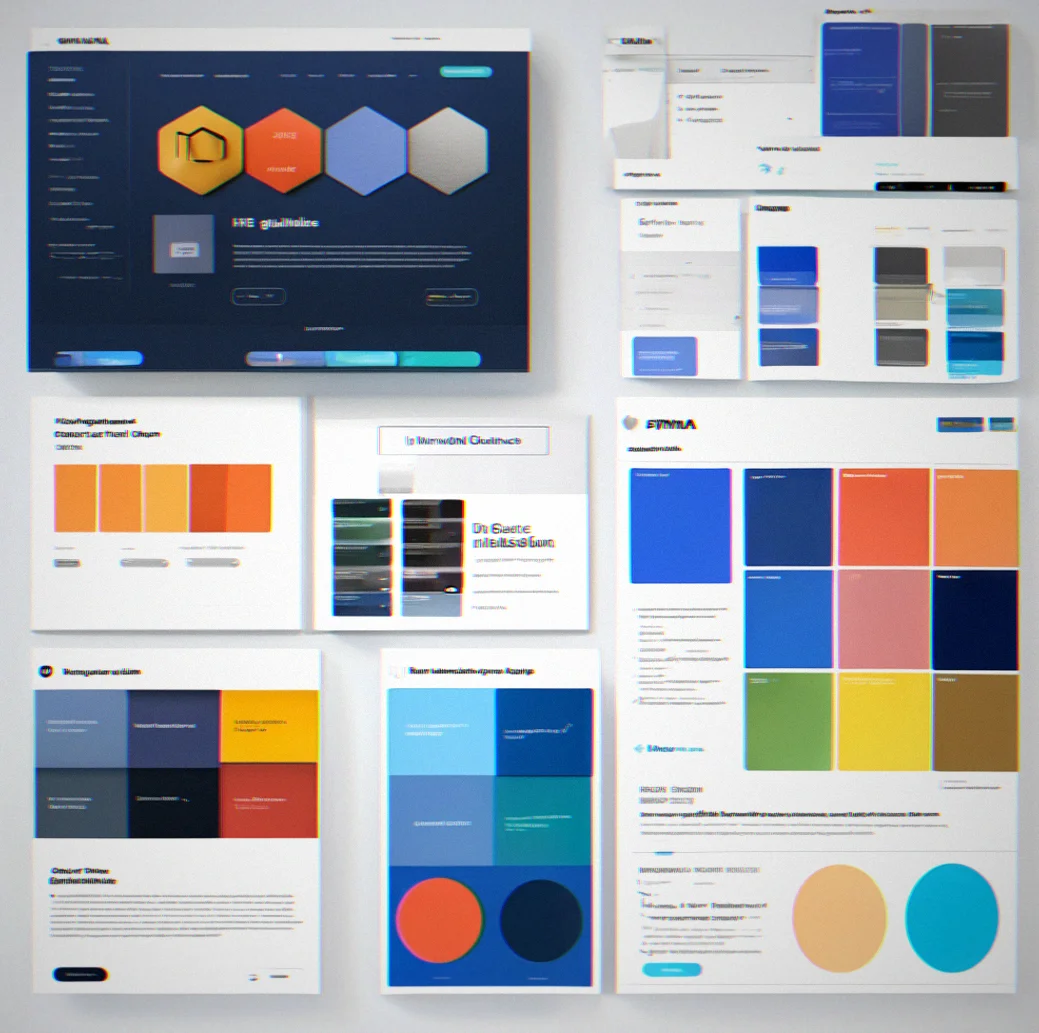 Brand guidelines HTML page showing color palette swatches with hex values, typography scale with line-height specs, and logo clearance rules