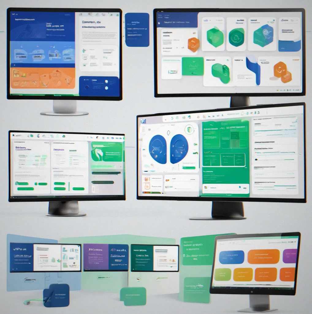 Three side-by-side Figma files showing same component structure with different brand color palettes: tech startup blue, healthcare provider green, corporate neutral